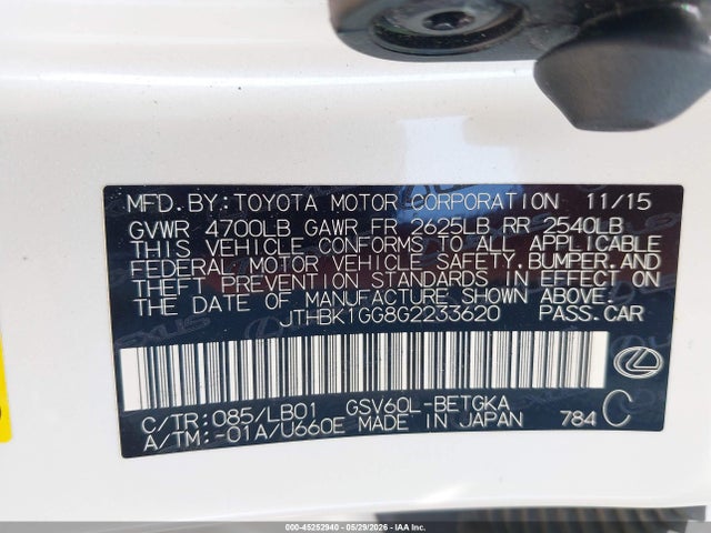 45252940 :رقم المزاد ، JTHBK1GG8G2233620 vin ، 2016 Lexus Es 350 مزاد بيع