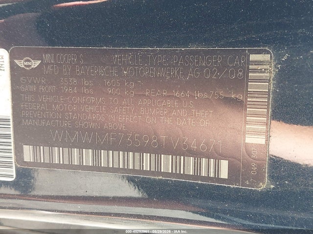 Продаж на аукціоні авто 2008 Mini Cooper S, vin: WMWMF73598TV34671, номер лоту: 45252961