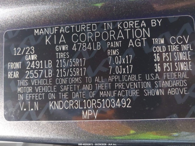 45252973 :رقم المزاد ، KNDCR3L10R5103492 vin ، 2024 Kia Niro Ev Wind مزاد بيع