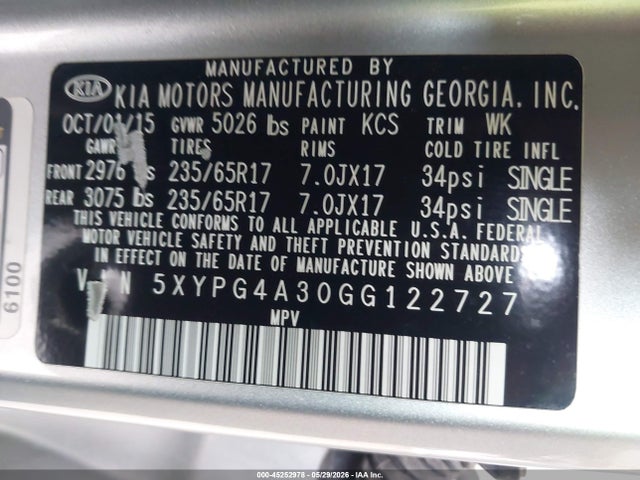 5XYPG4A30GG122727 KIA Sorento 2.4l L