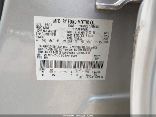 Продаж на аукціоні авто 2012 Ford Edge Sel, vin: 2FMDK3JC6CBA15994, номер лоту: 45252995