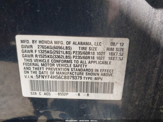 Продажа на аукционе авто 2012 Honda Pilot Ex-l, vin: 5FNYF4H56CB079379, номер лота: 45252997