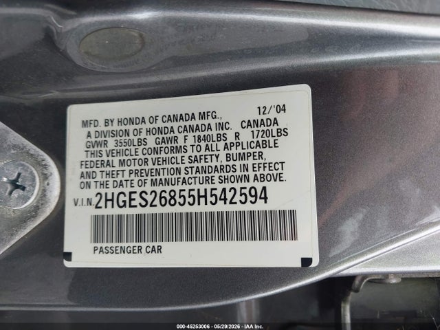 Продажа на аукционе авто 2005 Honda Civic Ex, vin: 2HGES26855H542594, номер лота: 45253006