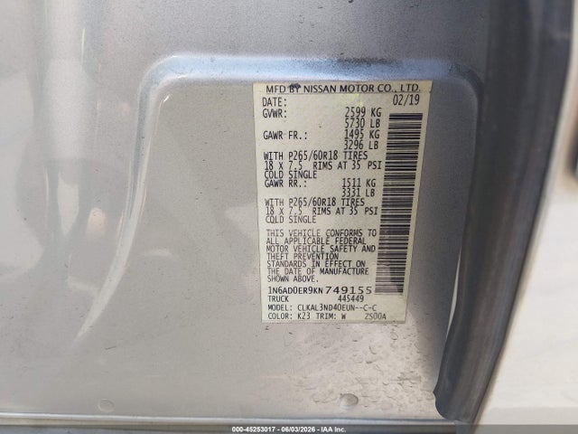 Продаж на аукціоні авто 2019 Nissan Frontier Sl, vin: 1N6AD0ER9KN749155, номер лоту: 45253017