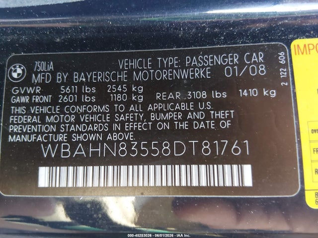 Продажа на аукционе авто 2008 Bmw 750li, vin: WBAHN83558DT81761, номер лота: 45253026
