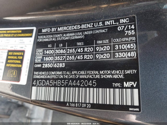 Aukcja sprzedaży 2015 Mercedes-benz Ml 350 4matic, vin: 4JGDA5HB5FA442045, numer aukcji: 45253028
