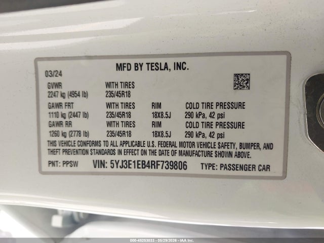 Tesla Model 3 Long Range Dual Motor All-wheel Drive 2024 5YJ3E1EB4RF739806 Image 9