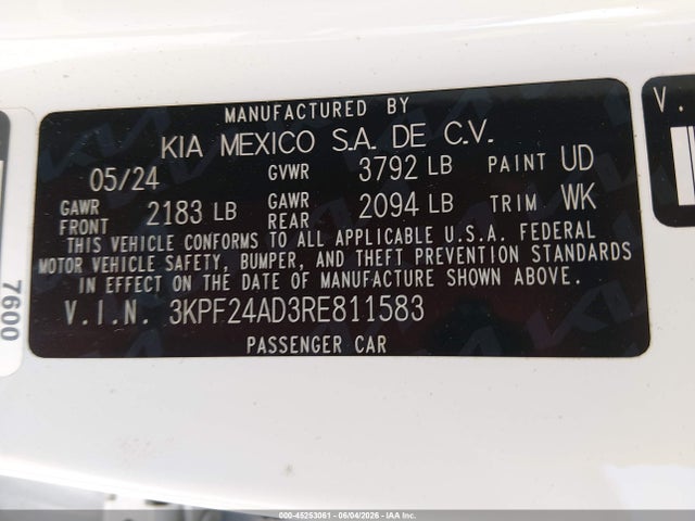 Aukcja sprzedaży 2024 Kia Forte Lx, vin: 3KPF24AD3RE811583, numer aukcji: 45253061