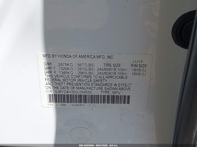 45253065 :رقم المزاد ، 5J8YD4H30JL004550 vin ، 2018 Acura Mdx مزاد بيع