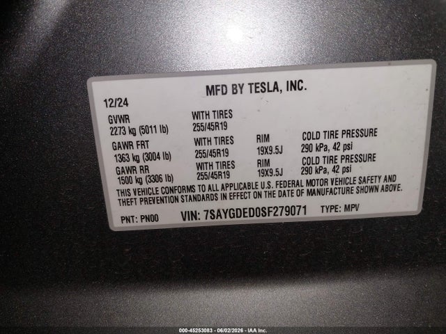 Tesla Model Y Rwd 2025 7SAYGDED0SF279071 Image 9
