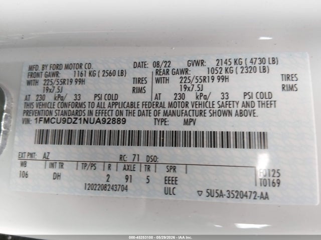 1FMCU9DZ1NUA92889 Ford Escape Titanium Hybrid