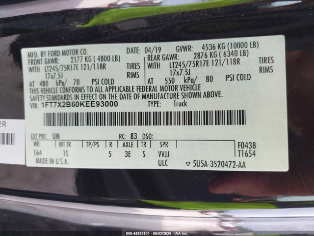 Продажа на аукционе авто 2019 Ford F-250 Xl, vin: 1FT7X2B60KEE93000, номер лота: 45253101