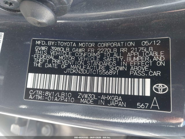 45253103 :رقم المزاد ، JTDKN3DU1C1556891 vin ، 2012 Toyota Prius Five مزاد بيع