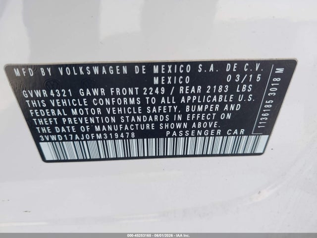Aukcja sprzedaży 2015 Volkswagen Jetta 1.8t Se, vin: 3VWD17AJ0FM319478, numer aukcji: 45253165