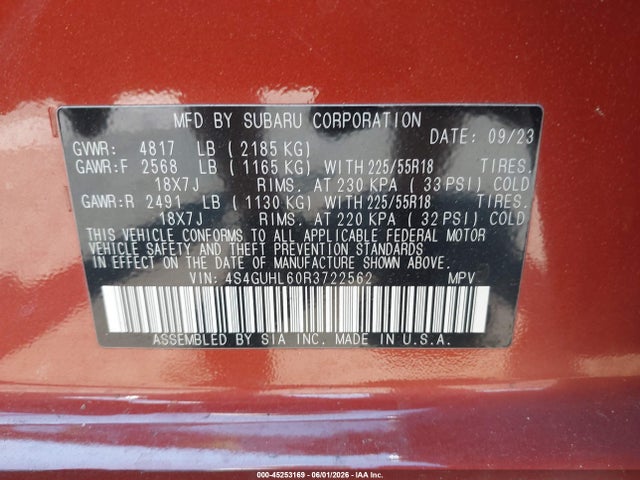 Продаж на аукціоні авто 2024 Subaru Crosstrek Limited, vin: 4S4GUHL60R3722562, номер лоту: 45253169