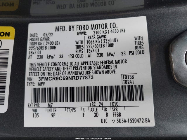 Auction sale of the 2022 Ford Bronco Sport Outer Banks, vin: 3FMCR9C69NRD77873, lot number: 45253172