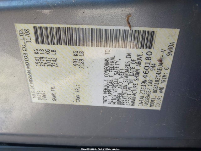 Продажа на аукционе авто 2009 Nissan Altima 2.5 S, vin: 1N4AL21E39N460180, номер лота: 45253185