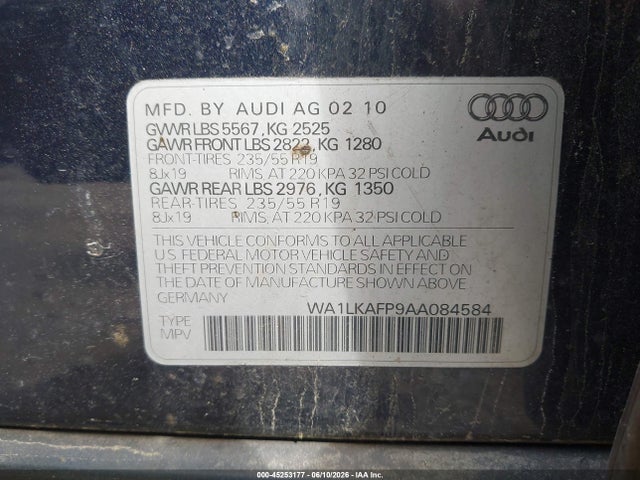 Продаж на аукціоні авто 2010 Audi Q5 3.2 Premium, vin: WA1LKAFP9AA084584, номер лоту: 45253177