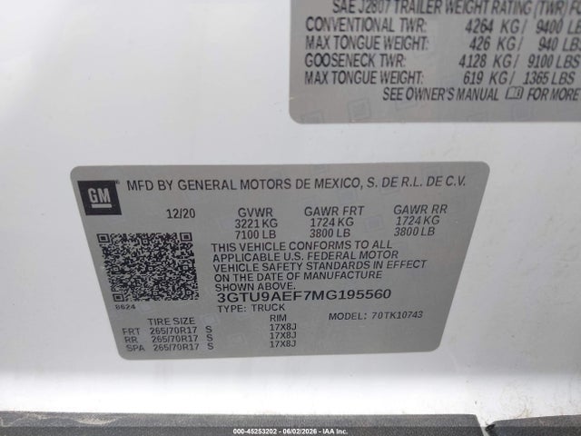 2021 Gmc Sierra 1500 4wd  Standard Box მანქანა იყიდება აუქციონზე, vin: 3GTU9AEF7MG195560, აუქციონის ნომერი: 45253202