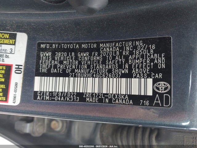 Aukcja sprzedaży 2016 Toyota Corolla S Plus, vin: 2T1BURHE4GC626037, numer aukcji: 45253208