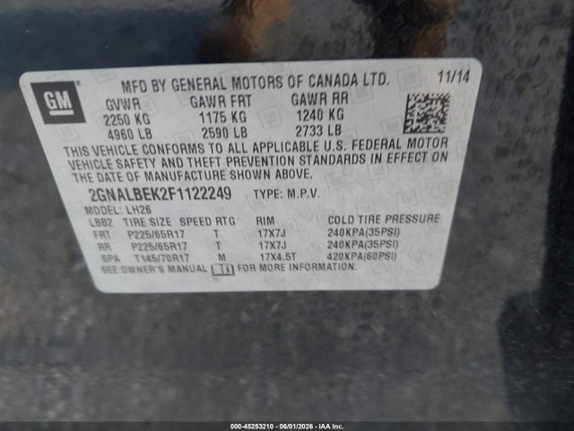 45253210 :رقم المزاد ، 2GNALBEK2F1122249 vin ، 2015 Chevrolet Equinox 1lt مزاد بيع