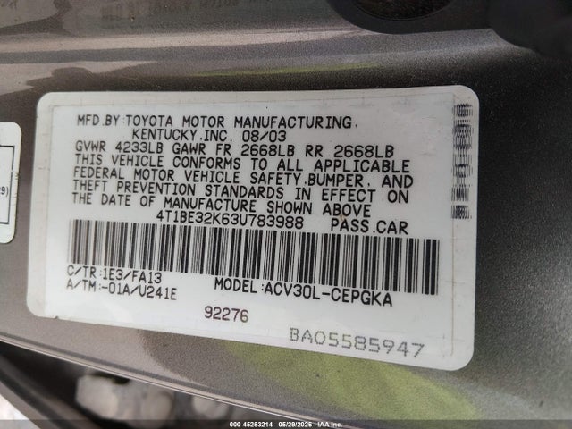 Aukcja sprzedaży 2003 Toyota Camry Xle, vin: 4T1BE32K63U783988, numer aukcji: 45253214