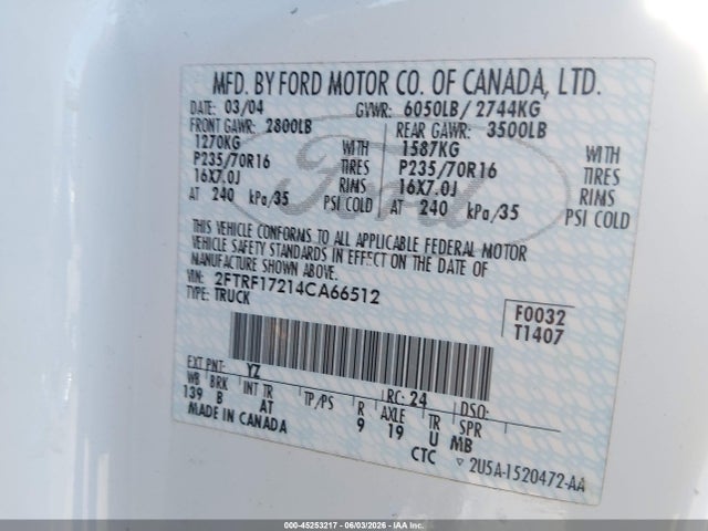 Продажа на аукционе авто 2004 Ford F-150 Heritage Xl/xlt, vin: 2FTRF17214CA66512, номер лота: 45253217