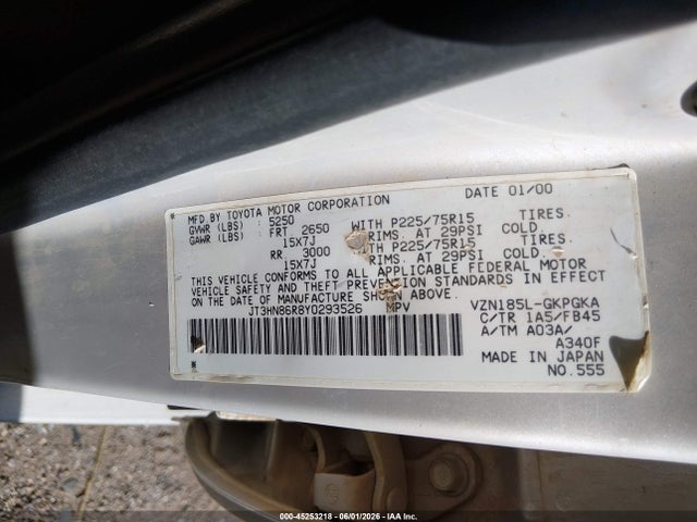 45253218 :رقم المزاد ، JT3HN86R8Y0293526 vin ، 2000 Toyota 4runner Sr5 V6 مزاد بيع