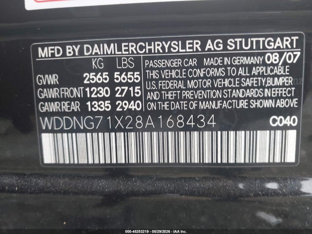 Aukcja sprzedaży 2008 Mercedes-benz S 550, vin: WDDNG71X28A168434, numer aukcji: 45253219