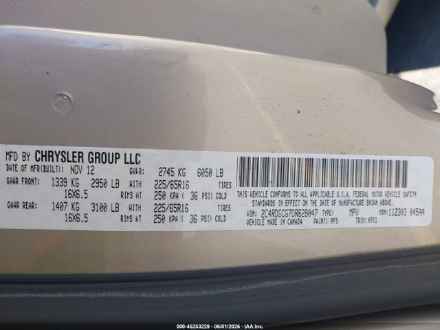 2013 Dodge Grand Caravan Sxt მანქანა იყიდება აუქციონზე, vin: 2C4RDGCG7DR628047, აუქციონის ნომერი: 45253229