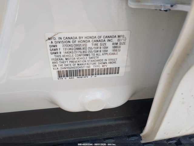 Aukcja sprzedaży 2012 Acura Mdx, vin: 2HNYD2H22CH521160, numer aukcji: 45253244
