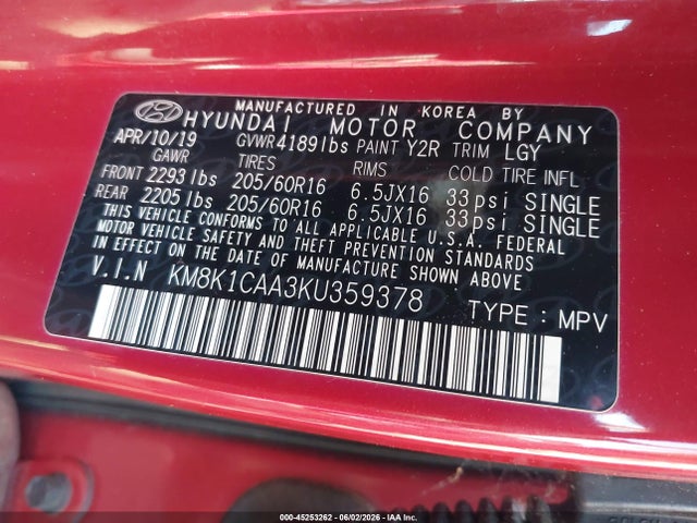 Aukcja sprzedaży 2019 Hyundai Kona Se, vin: KM8K1CAA3KU359378, numer aukcji: 45253262
