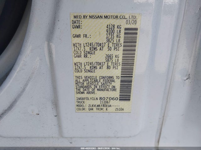 Auction sale of the 2020 Nissan Nv Cargo Nv2500 Hd S High Roof V6, vin: 1N6BF0LY1LN807060, lot number: 45253263