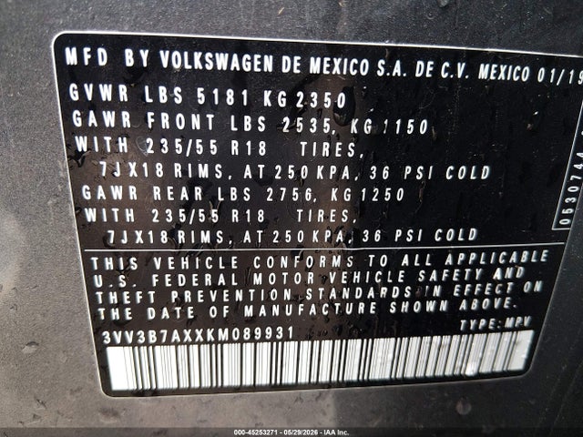 45253271 :رقم المزاد ، 3VV3B7AXXKM089931 vin ، 2019 Volkswagen Tiguan 2.0t Se/2.0t Sel/2.0t Sel R-line/2.0t Sel R-line Black مزاد بيع