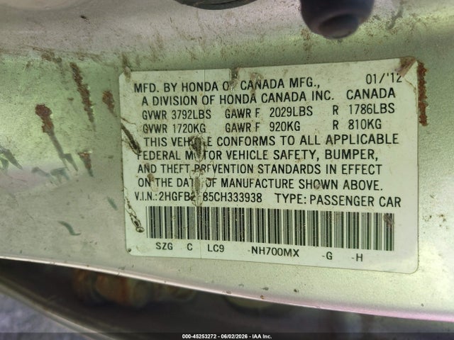 45253272 :رقم المزاد ، 2HGFB2F85CH333938 vin ، 2012 Honda Civic Ex مزاد بيع
