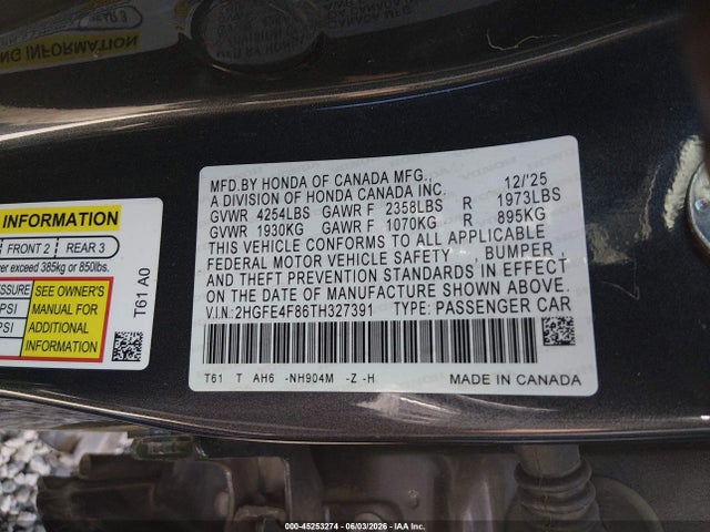 2HGFE4F86TH327391 Honda Civic Hybrid Sport/sport Touring