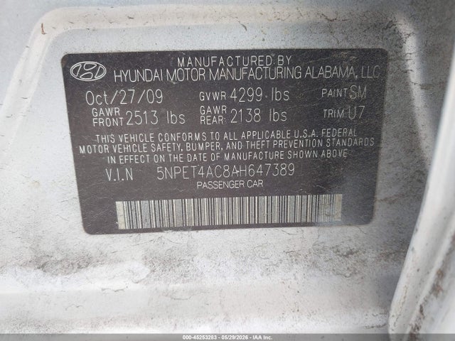 Aukcja sprzedaży 2010 Hyundai Sonata Gls, vin: 5NPET4AC8AH647389, numer aukcji: 45253283