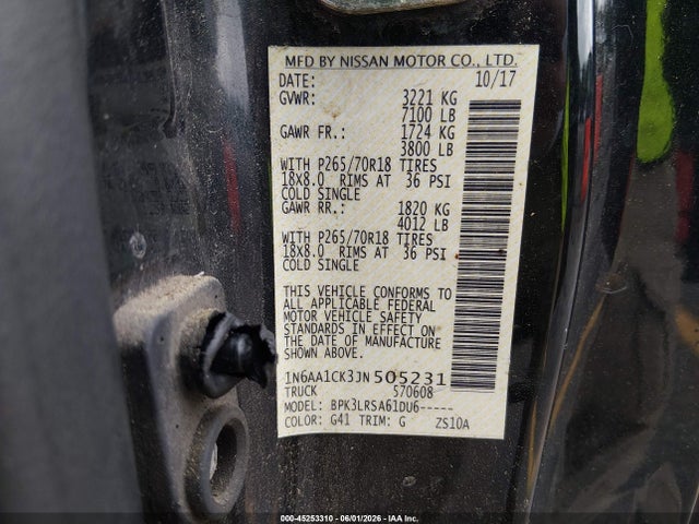 Aukcja sprzedaży 2018 Nissan Titan S, vin: 1N6AA1CK3JN505231, numer aukcji: 45253310