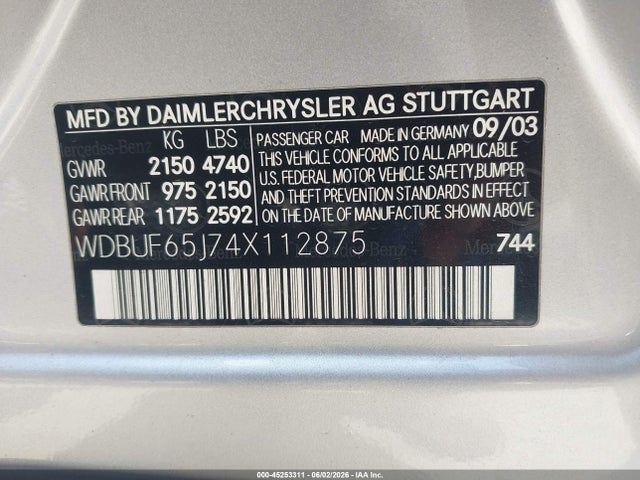 45253311 :رقم المزاد ، WDBUF65J74X112875 vin ، 2004 Mercedes-benz E 320 مزاد بيع