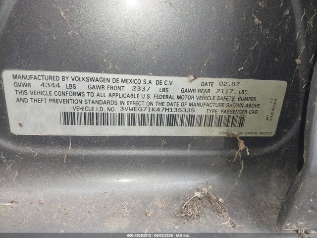 Продажа на аукционе авто 2007 Volkswagen Jetta Wolfsburg Edition, vin: 3VWEG71K47M135335, номер лота: 45253312