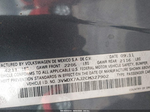 Aukcja sprzedaży 2012 Volkswagen Jetta 2.5l Se, vin: 3VWDX7AJ2CM327902, numer aukcji: 45253314