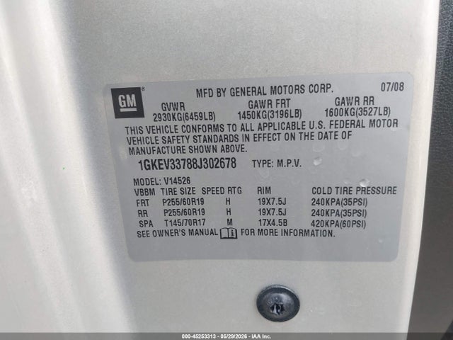 Продажа на аукционе авто 2008 Gmc Acadia Slt-2, vin: 1GKEV33788J302678, номер лота: 45253313