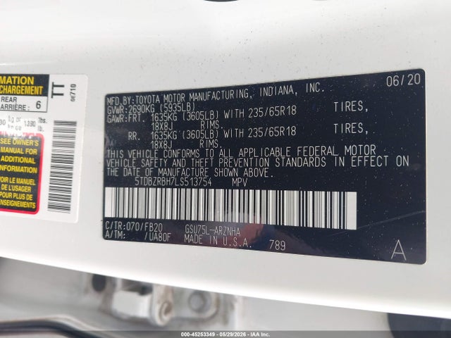 45253349 :رقم المزاد ، 5TDBZRBH7LS513754 vin ، 2020 Toyota Highlander Le مزاد بيع