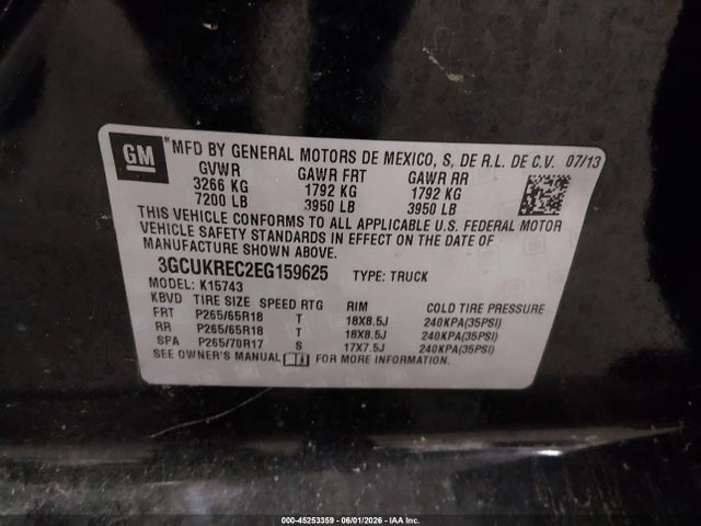 2014 Chevrolet Silverado 1500 2lt მანქანა იყიდება აუქციონზე, vin: 3GCUKREC2EG159625, აუქციონის ნომერი: 45253359