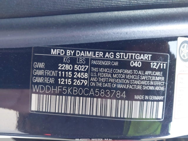 Aukcja sprzedaży 2012 Mercedes-benz E 350, vin: WDDHF5KB0CA583784, numer aukcji: 45253373