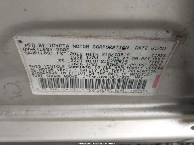 45253387 :رقم المزاد ، JTEHH20VX10077930 vin ، 2001 Toyota Rav4 مزاد بيع