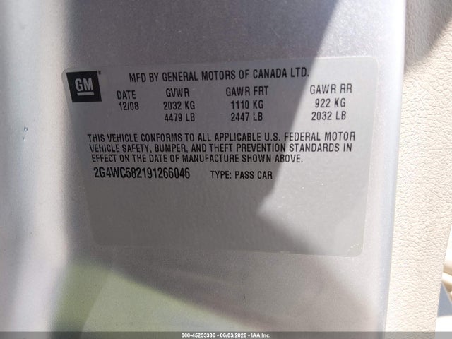 Продажа на аукционе авто 2009 Buick Lacrosse Cx, vin: 2G4WC582191266046, номер лота: 45253396