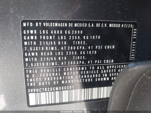 Aukcja sprzedaży 2025 Volkswagen Taos 1.5t Se, vin: 3VVUC7B28SM080391, numer aukcji: 45253400