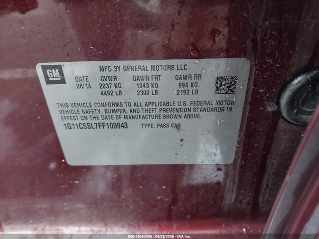 45253405 :رقم المزاد ، 1G11C5SL7FF109943 vin ، 2015 Chevrolet Malibu 1lt مزاد بيع