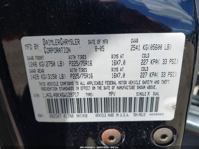 2006 Jeep Liberty Sport მანქანა იყიდება აუქციონზე, vin: 1J4GL48KX6W128717, აუქციონის ნომერი: 45253411